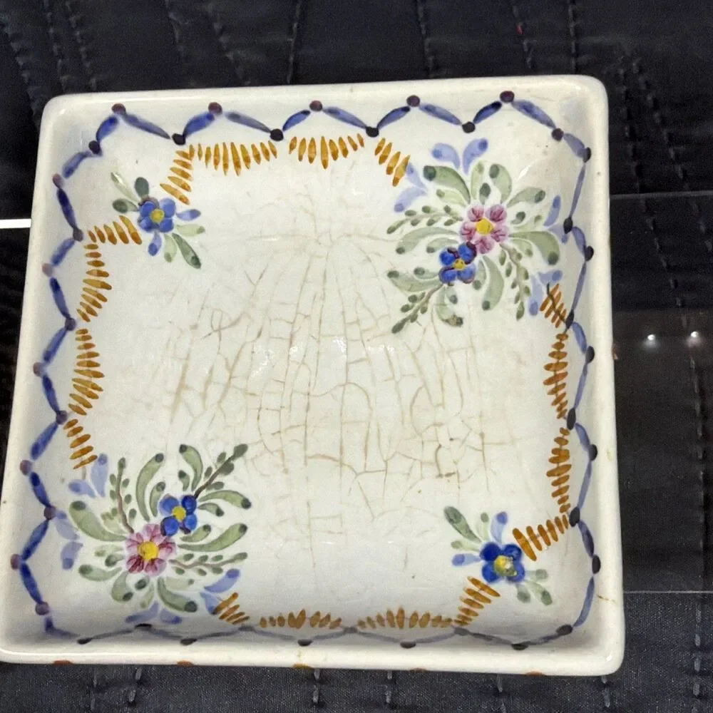 Vintage Portugal Hand Painted Floral Square Trinket Dish 4